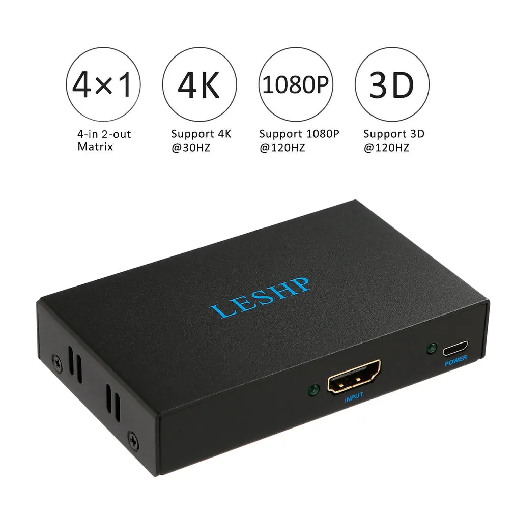 

Leshp Black Portable Plug And Play Low Power Consumption 4K HDMI-compatible Switcher 1 In 2 Out Two Port 1.4V Splitter Box Hub