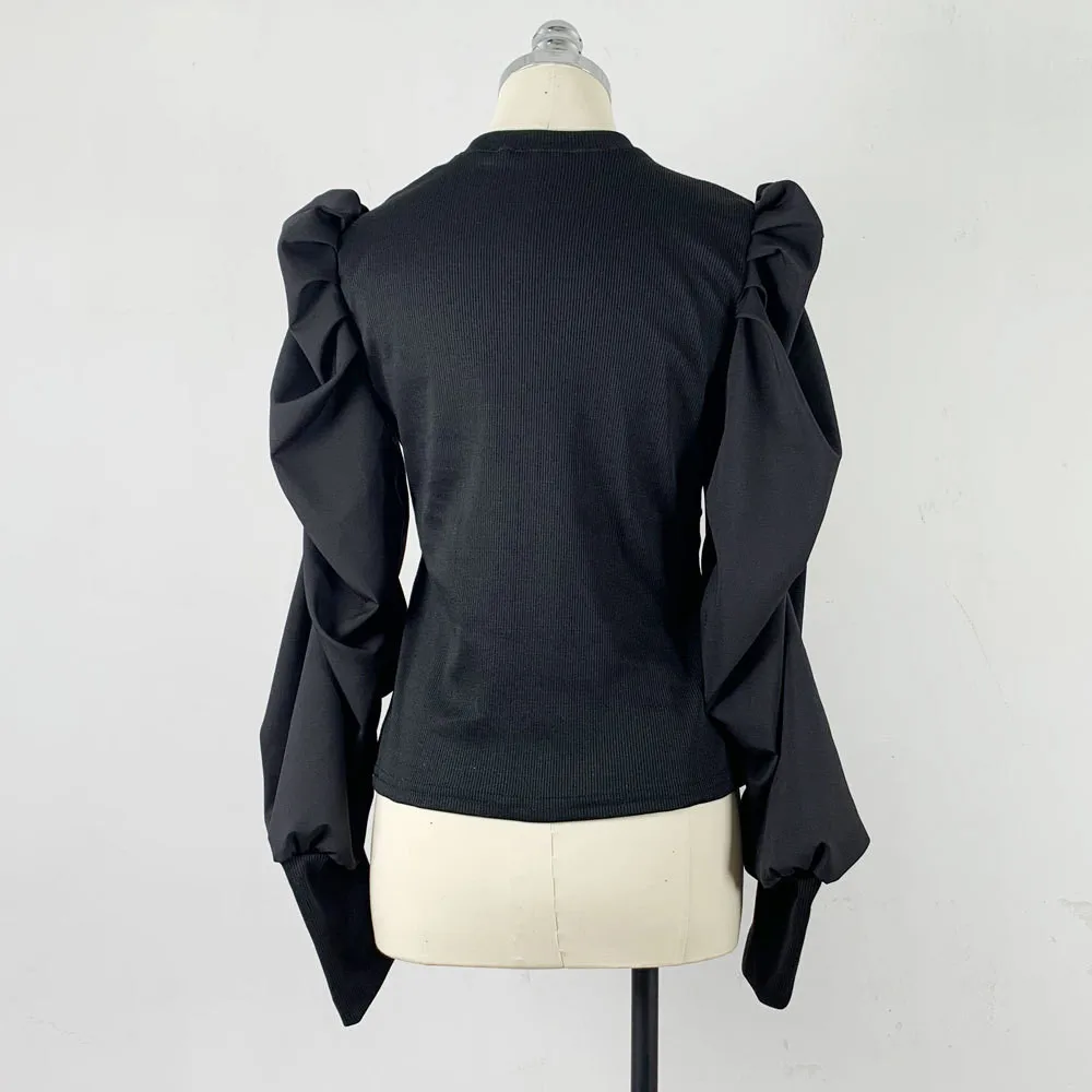 

Women Fashion Long Puff Sleeve Sweater Patchwork Plus Size Shirts Solid Ribbed Knitted Elegant Slim Stretch Jumper Tops #S