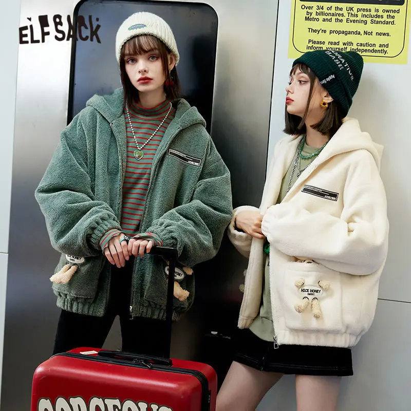 

ELFSACK Solid Pure Chic Zipper Casual Oversize Wool Teddy Coats Women,2021 Winter Vintage Korean Ladies Faux Fur Warm Outwear