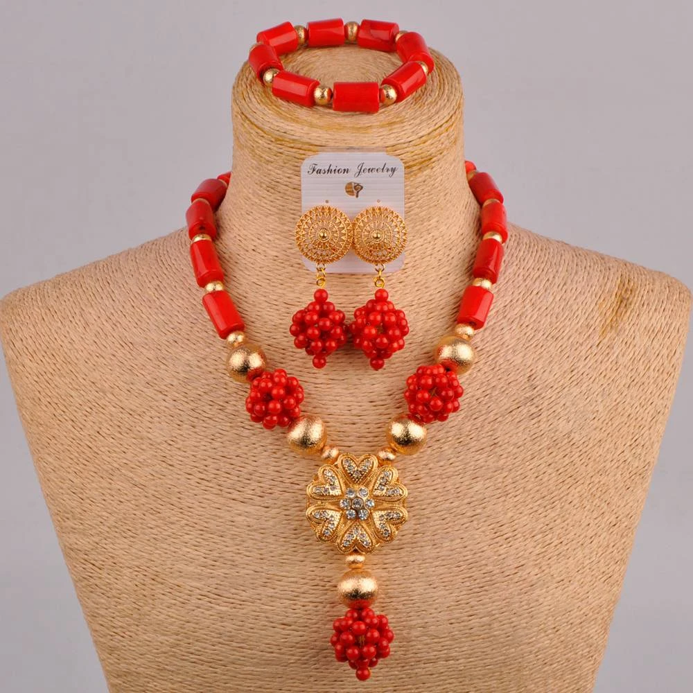 

Classic Red Natural Coral Wedding Jewelry Nigerian Bride Wedding Jewelry African Wedding Dinner Dress Accessories Set AU-237