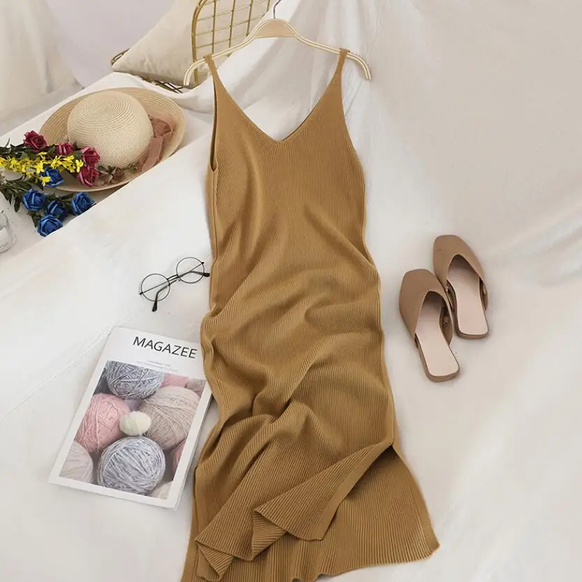 

Women Solid color Split Bodycon Spaghetti Strap Dress 2021 Sexy V-Neck Slim Knitted Dress Ladies Sleeveless Summer Dress