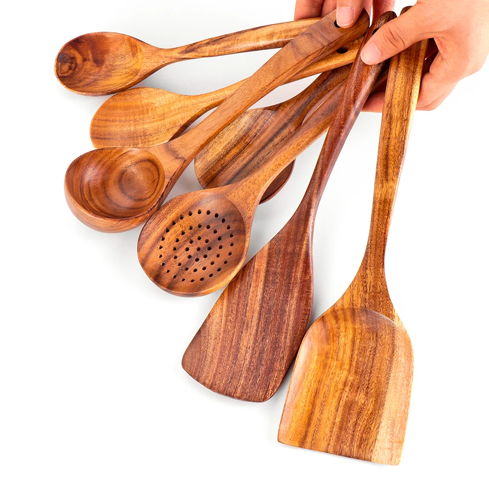 

7 Types Natural Wood Tableware Bamboo Utensils Tool Long Rice Colander Soup Skimmer Cooking Spoons Scoop Home Kitchen Set Gadget