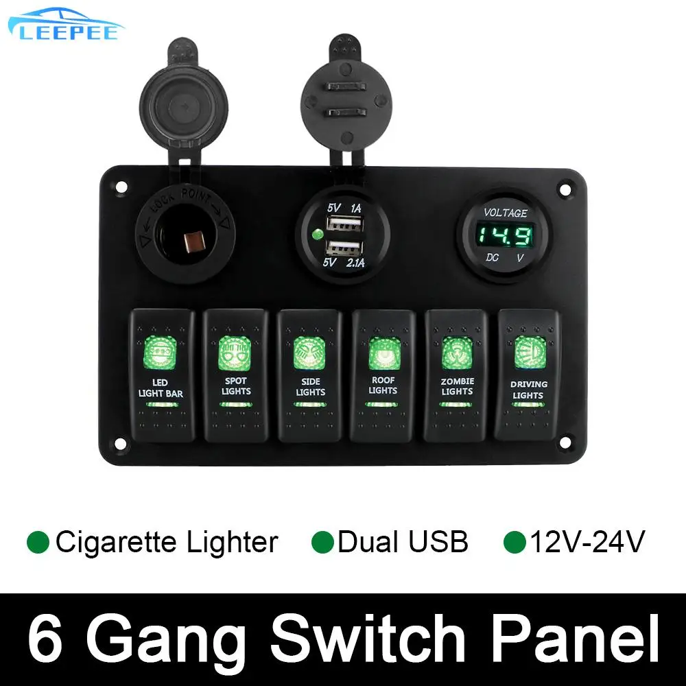 

6 Gang Rocker Switch Panel DC 12V/24V ON/OFF Lights Car Marine Circuit Breaker LED Digital Voltmeter Waterproof Dual USB Ports