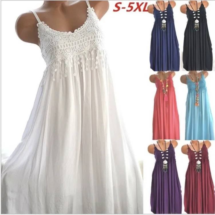 

2021 summer new fashion sexy lace stitching solid color mid-length suspender dress