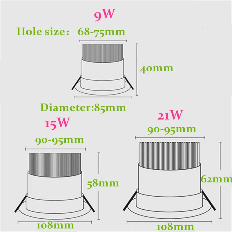 9W 15W 21W Led Ceiling Lamp Recessed LED Downlight Dimmable 220V110V Warm / Pure/Cold White Round Led Spot Light Indoor lighting