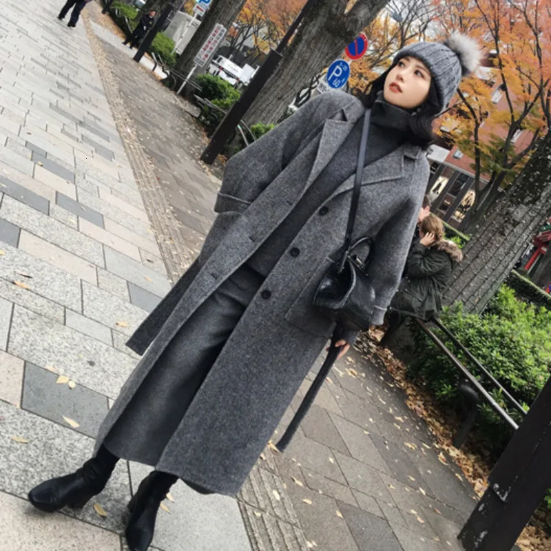 Женское шерстяное пальто [EWQ] теплое длинное с длинным рукавом и поясом Корейская