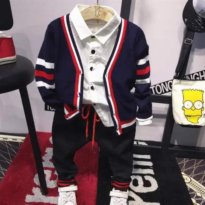 

kids Boy clothes Spring&Autumn fall Baby clothing Boys tracksuits Knit cardigans+shirts+jeans 3pcs Set Children Infants clothing