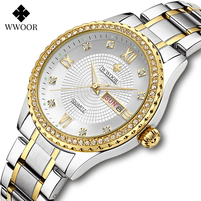 WWOOR Luxury Gold Watch Men Diamond Quartz Clock Classic Business Stainless Steel Waterproof Week Date Wristwatches Reloj Hombre