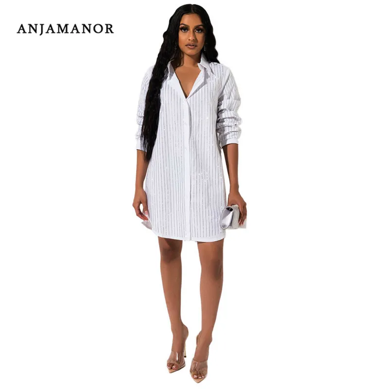 Женское платье рубашка с блестками anjama черно белое клубное мини длинным рукавом