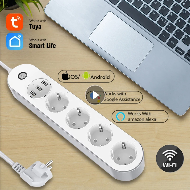 

Умный удлинитель с Wi-Fi, 4 евророзетки, 4 порта USB для зарядки