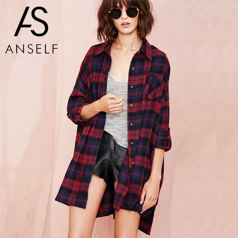 Anself для женщин размера плюс рубашки в клетку Женский Свитер оверсайз шотландскую