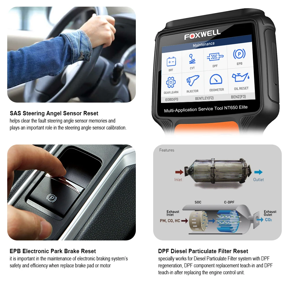 Foxwel NT650 Elite OBD2 читатель кода сканер двигателя ABS, подушка безопасности EPB масла давления воздуха в шинах 13 сброса OBD 2 диагностический инструмент OBD Автомобильный сканер