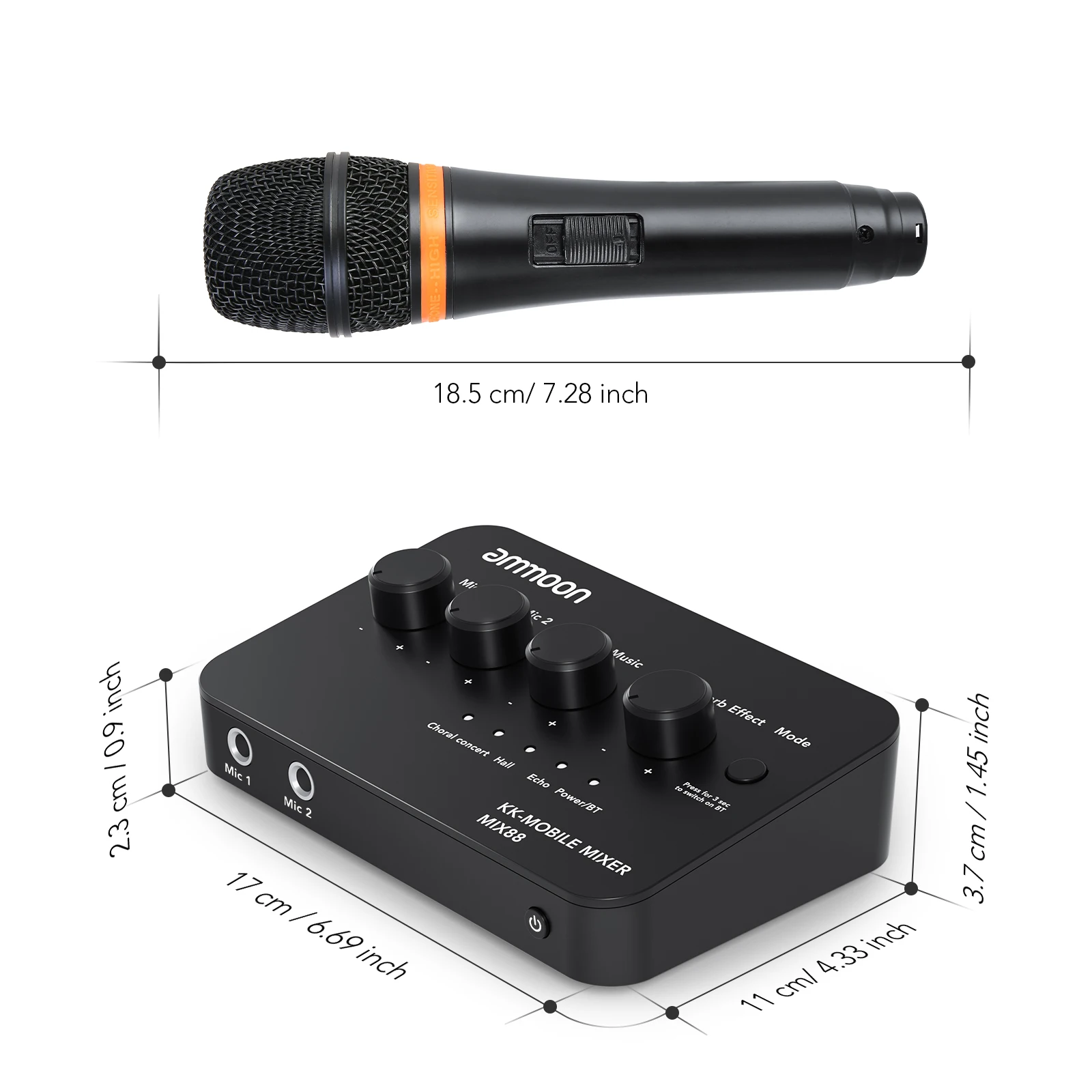 

ammoon Karaoke Microphone Mixer 2 Mic Inputs AUX IN/OUT BT Connection Reverb Effect with Handheld Wired Mic for Home Car Audio