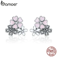 bamoer 100 925 sterling silver pink daisy cherry blossoms flower stud earrings for women sterling silver jewelry gift sce400