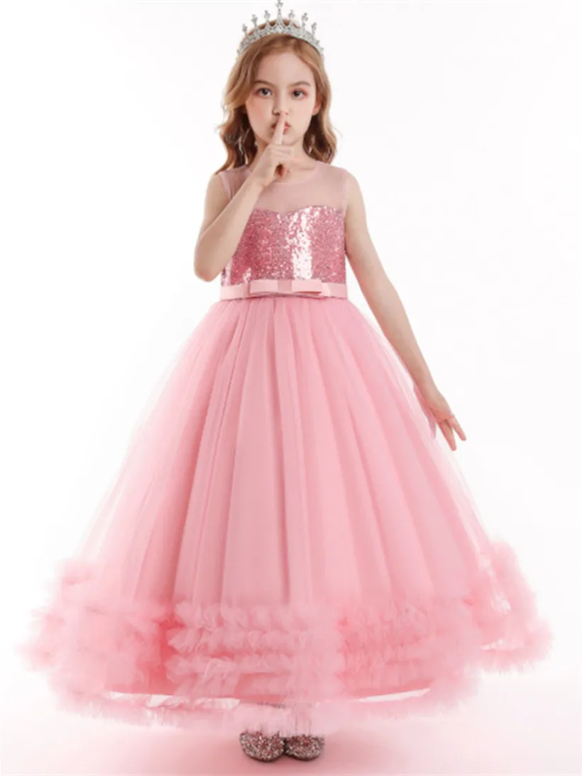 

Платье для девочки с блестками, длинное бальное платье принцессы на свадьбу, день рождения, элегантная детская официальная одежда с бантом, ...