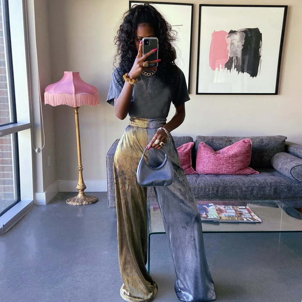 

2021 Fall Women Bicolor High Waist Gold Stamping Draping Effect Loose Trousers Sexy Color Blocking Wide Leg Pants Party Costume