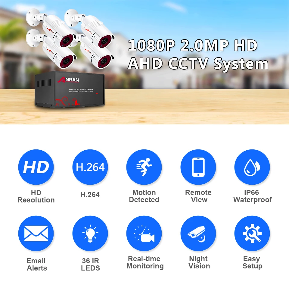 ANRAN AHD 4CH DVR CCTV комплект системы безопасности 1080P ИК ночного видения наружная AHD камера система аналоговая HD система видеонаблюдения