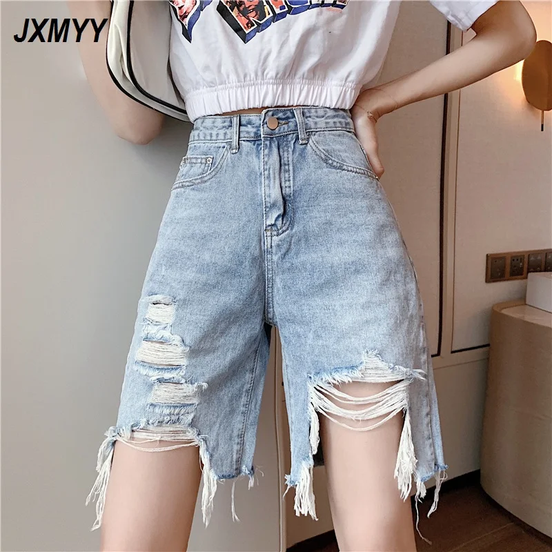 

2021 Fashion New Product Denim Shorts Korean Style Loose Hole High Waist Thin Section Wild Straight Wide Leg Pants JXMYY