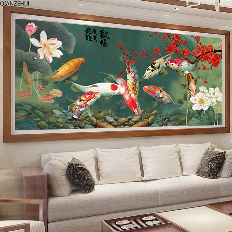 QIANZEHUI алмазная вышивка Круглый Алмаз Koi Kim девять рыб полная Стразы 5D живопись