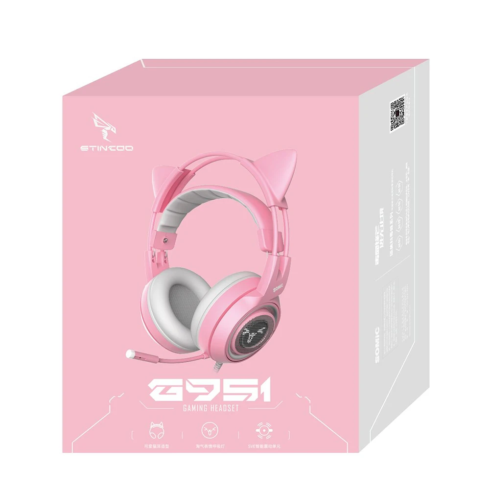 

Somic G951 Pink USB 7.1 Virtual Wired Headset Cute Cat Ear Over-Ear LED Stereo Noise Cancelling Gaming Headset For Birthday Gift
