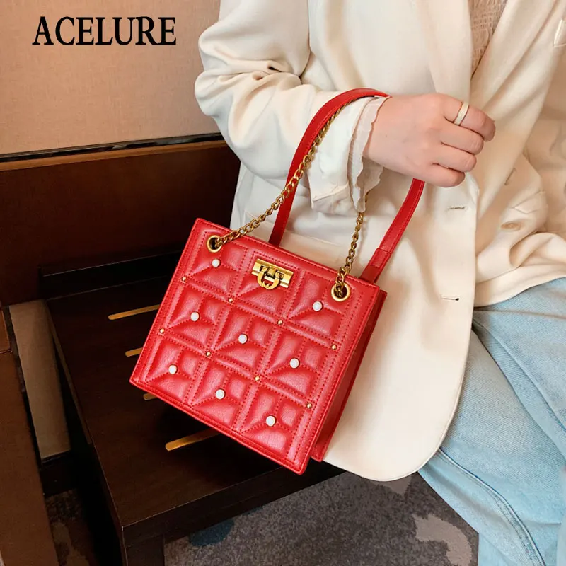 

ACELURE Plaid PU Leather Satchels Fashion Rivet Metal Chain Shoulder Crossbody Bags Female Vintage Zipper Messenger Handbags