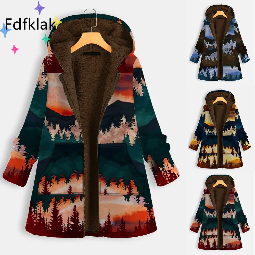Fdfklak Winter New Hooded Print Long Sleeve Coat Fleece Thick Temperament Mid-Length Jacket Female 2021 Oversize Oarkas Woman