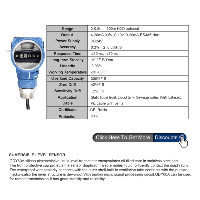 Погружной Гидростатический Датчик уровня воды для глубоких скважин |