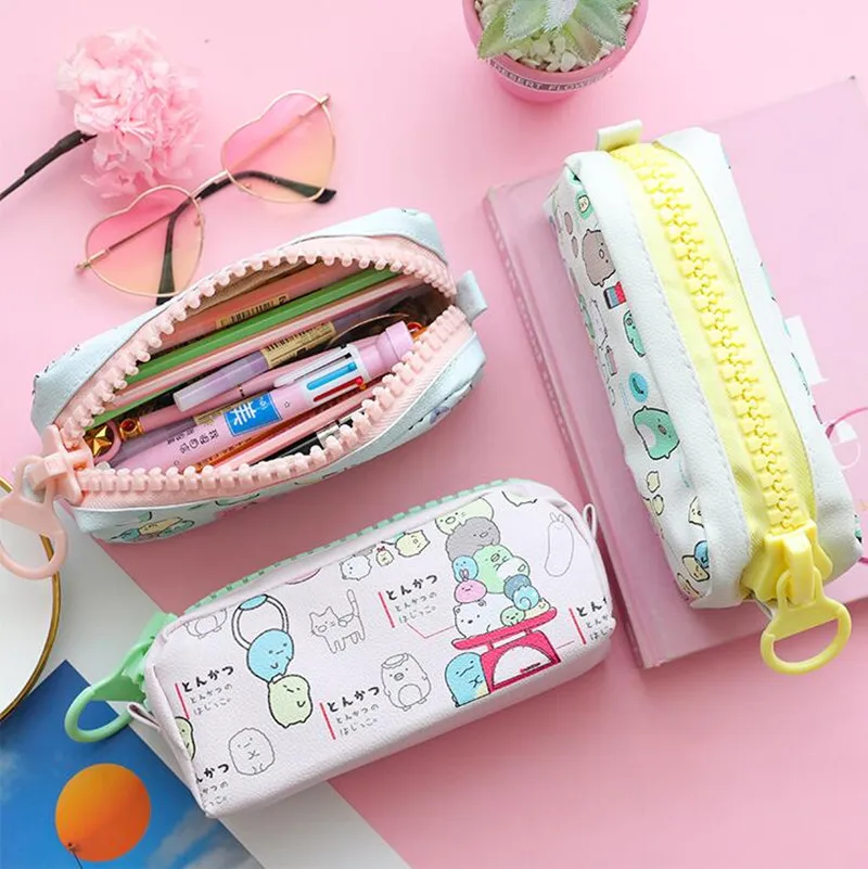 Fashion PU leather Pencil Case Korean Canvas Cute Kawaii Pen Bag Big capacity pencil Pouch School Stationery Gift