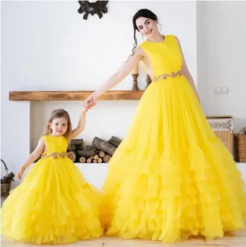 

Mother & Daughter Matching Gowns Puffy Tulle Dress Ruffled Tiered Dress Floor Length Appliques Formal Party Gown Custom made