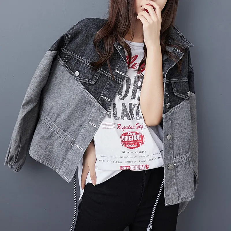 

Spring Autumn Harajuku Streetwear Denim Jacket Women Outerwear Fashion Patchwork Vintage Jeans Short Coat Female Bomber Jackets