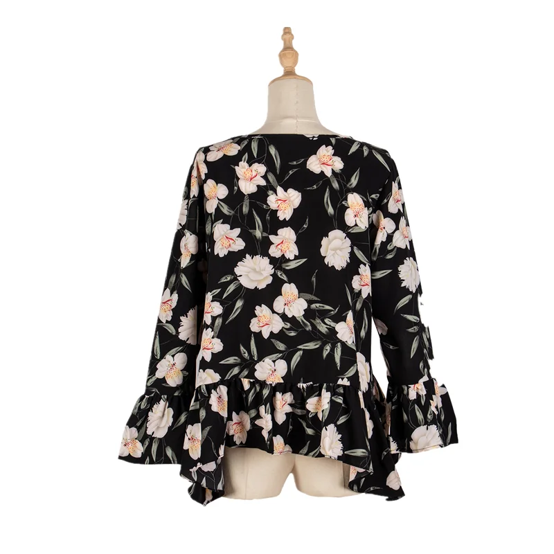 

Women Print Chiffon Blouses Casual Loose O Neck Flare Sleeve Tops Female 2021 Spring New Arrival Elegant Fashion Ruffle Blouse