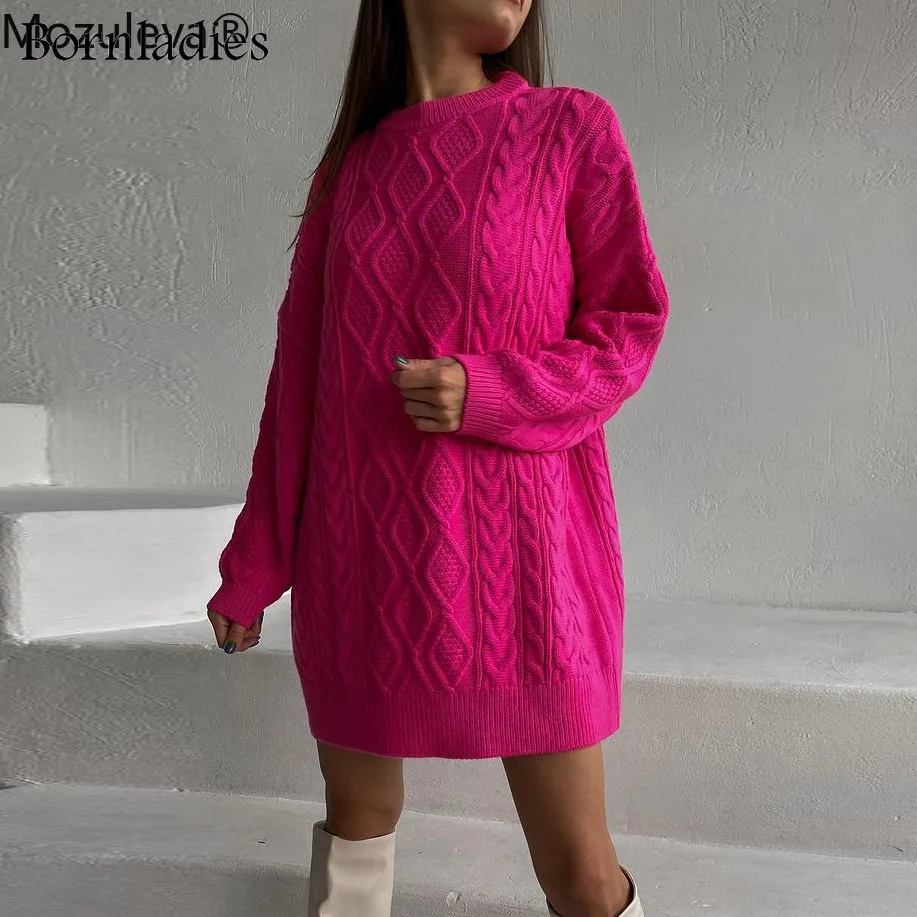 

Bornladies Round Neck Long-sleeved Knitted Women Twist Pullover Fashion Loose Sweater Dress High Street Oversized Long Sweater