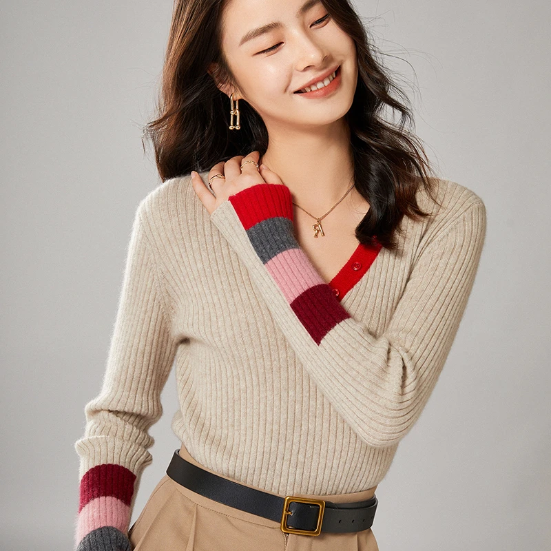 

100% Wool Knitted Sweater Autumn Winter Fashion Patchwork Color Women's Jumper V-Neck Soft Warm Pullover Tops Women Clothes