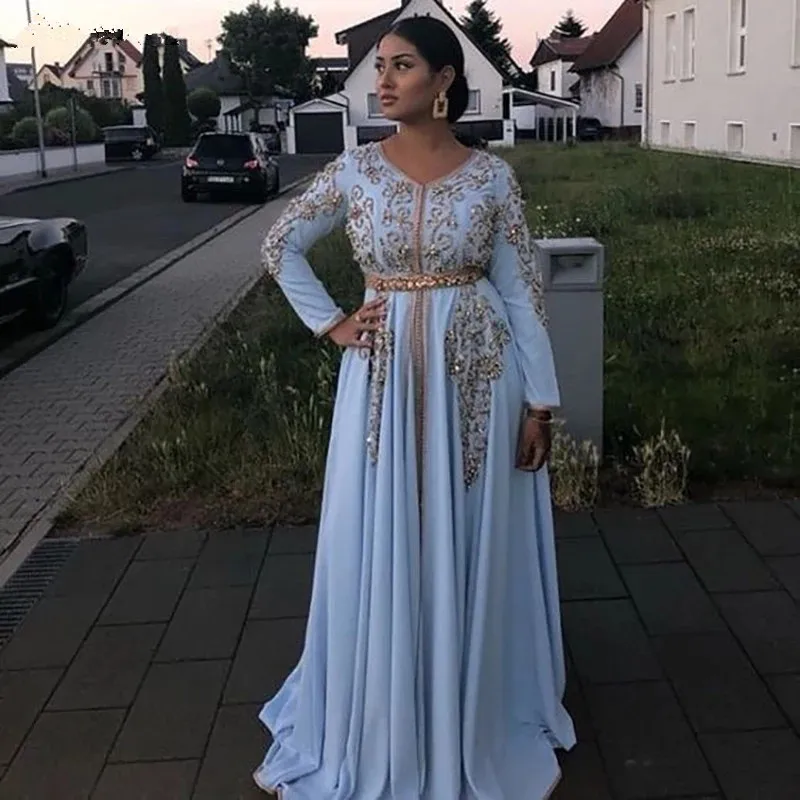 

Sky Blue Moroccan Kaftan Caftan Muslim Evening Dresses A-line Long Sleeves Chiffon Bead Dubai Arabic Turkey Abaya Islamic Gown