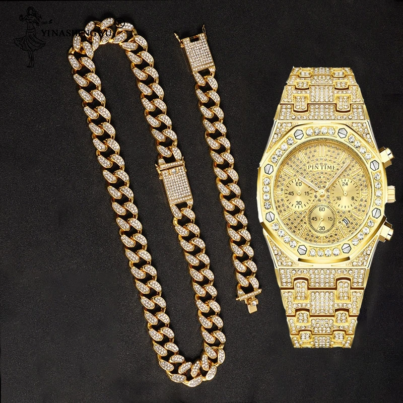 Золотое ожерелье + часы браслет в стиле хип хоп Miami Снаряженная кубинская цепочка