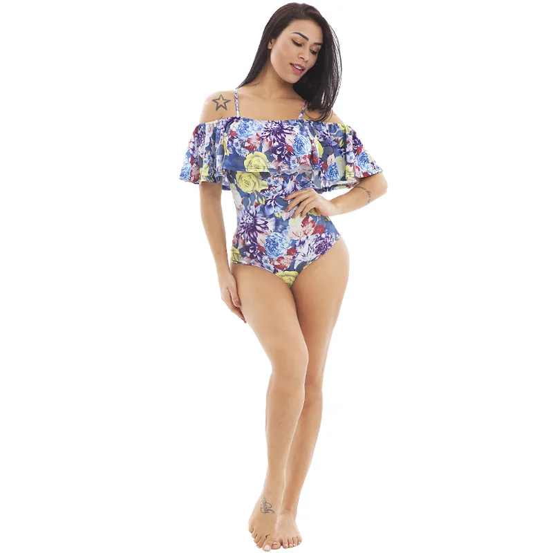 

2019Sexy word collar ruffled printed sling one-piece swimsuit bikini Europe and America hot sexy bodysuit lingerie