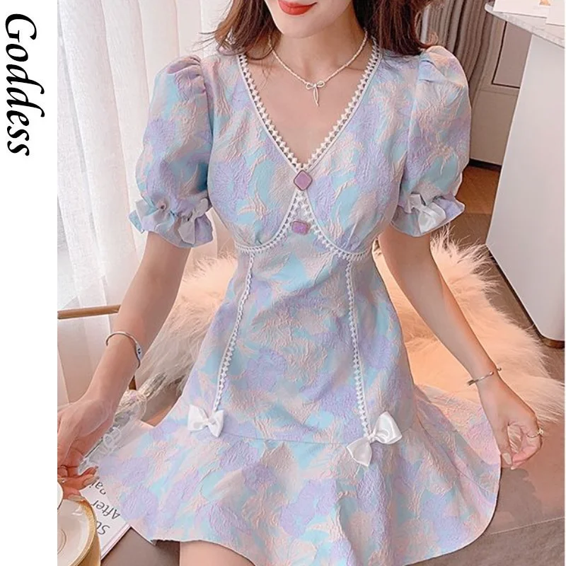 

Holiday Bow Dresses Summer Kawaii Sweet Print Mini Dress Women Elegant Designer V-neck Short Sleeve Korean Clothing Outdoor 2021
