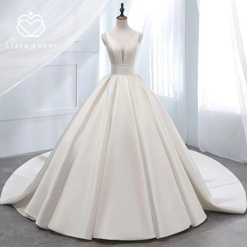 

Customer wedding dress 2020 summer double shoulder French Satin simple medium waist large wedding dress vestido de noiva bride