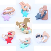 wooden baby teether bracelet animal shaped organic wood silicone beads jewelry toys teething baby rattle stroller accessories