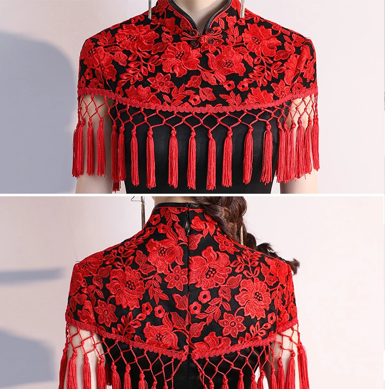 Черные женские вечерние платья в пол вечернее Ципао китайском стиле с кисточками