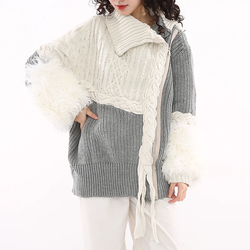 [EAM] Asymmetrical White Fur Big Size Knitting Sweater Loose Fit  Long Sleeve Women New Fashion Tide Spring Autumn 2021 1H20200