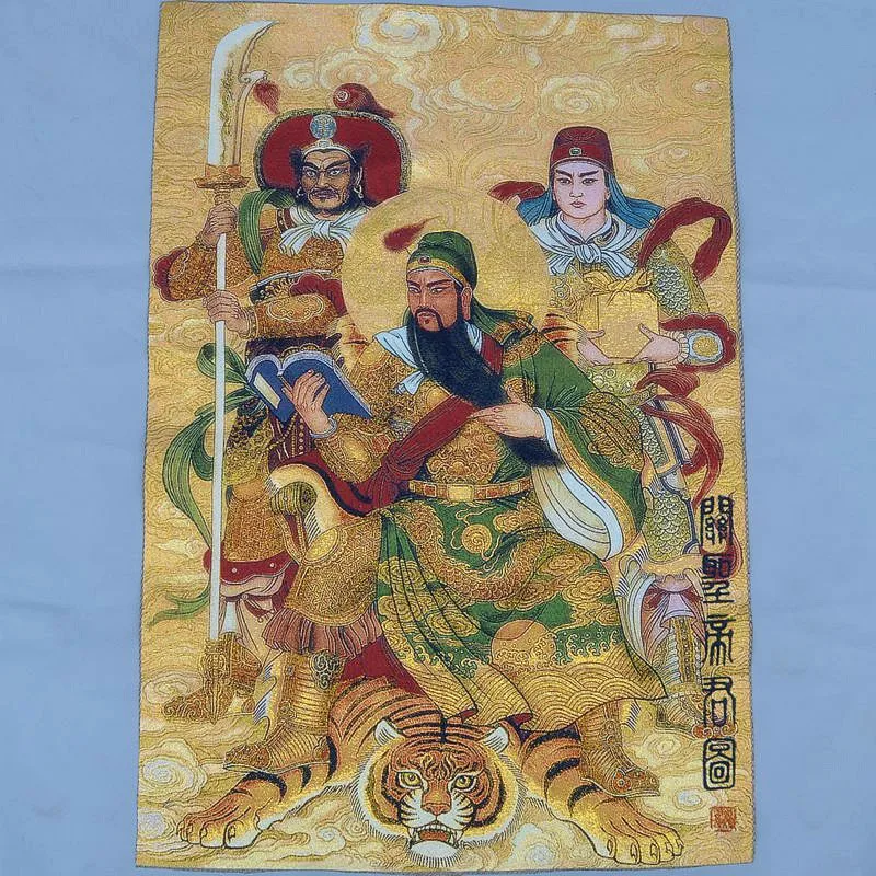 

36 inch Chinese Silk embroidery Guan Gong Yu Warrior God 2 Guards Thangka Paintings Mural