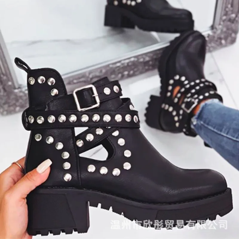 

2019 Knight boots waterproof platform thick heel hollow out cool boots round head female rivet single boot large size