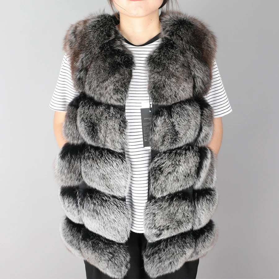 Bust 140cm Women Real Fox Fur Vest Long Fashion Luxury Coat Female Genuine Fur Jacket Warm Lady Gilet