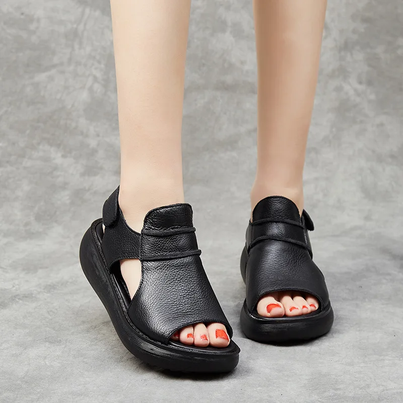 Сандалии OUKAHUI женские из натуральной кожи босоножки на плоской платформе липучке