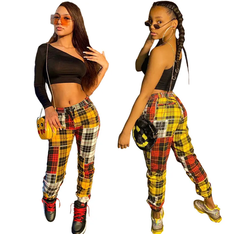 

Women Color Block Trousers, Adults Casual Style Plaid Pants with Drawstring (Yellow)