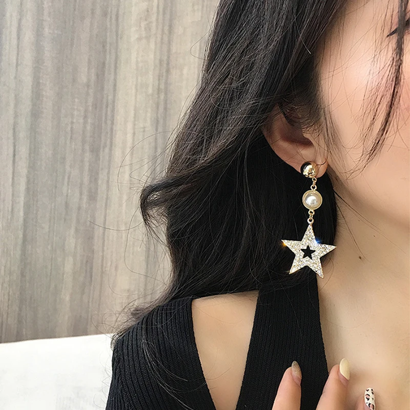 

2020 New Luxury Crystal Preal Drop Earrings Asymmetrical Aesthetics Five-pointed Star Jewelry Women Female Korean Metal Fashion