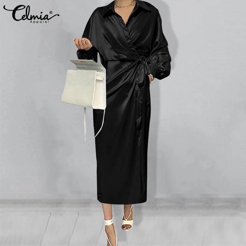 

Celmia Casual OL Midi Dress Elegant Ladies Satin Lapel Long Bat Sleeve Robe Longue 2021 Women's Fashion Wrapped Bandage Vestidos