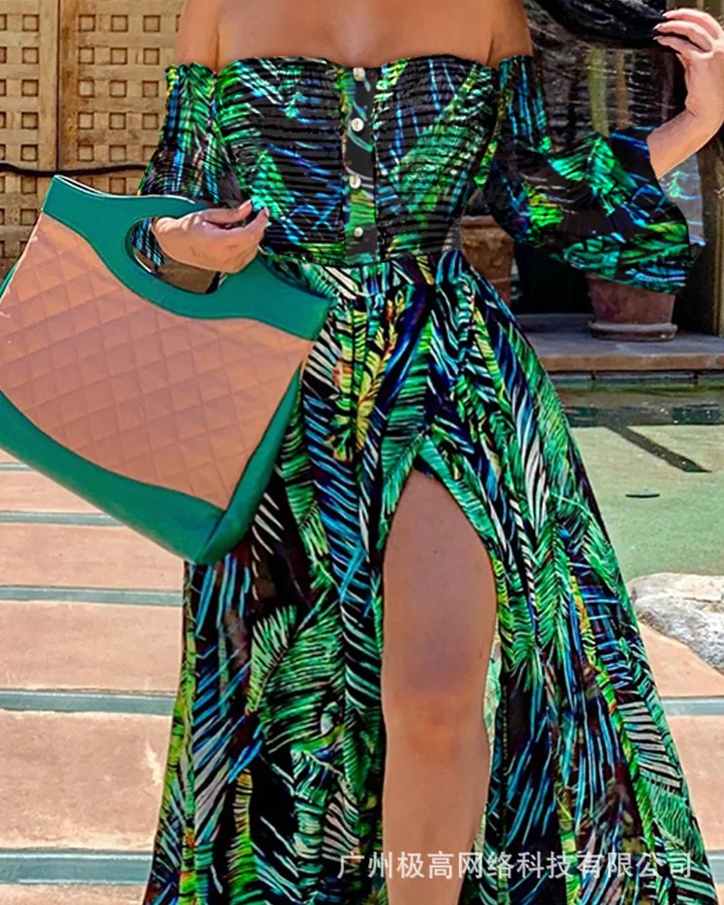 

Women's 2021 new holiday resort one-shoulder printed skirt