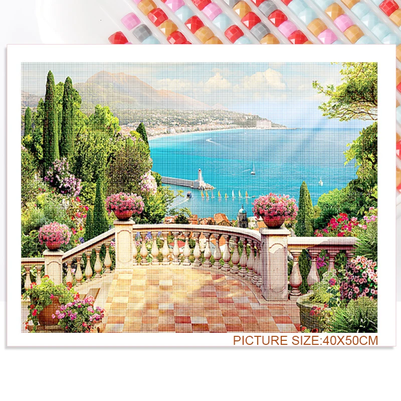 

Diy Diamond Painting Villa By The Sea Home Wall Decoration Painting Flower Square Diamond Round Diamond Art Handmade